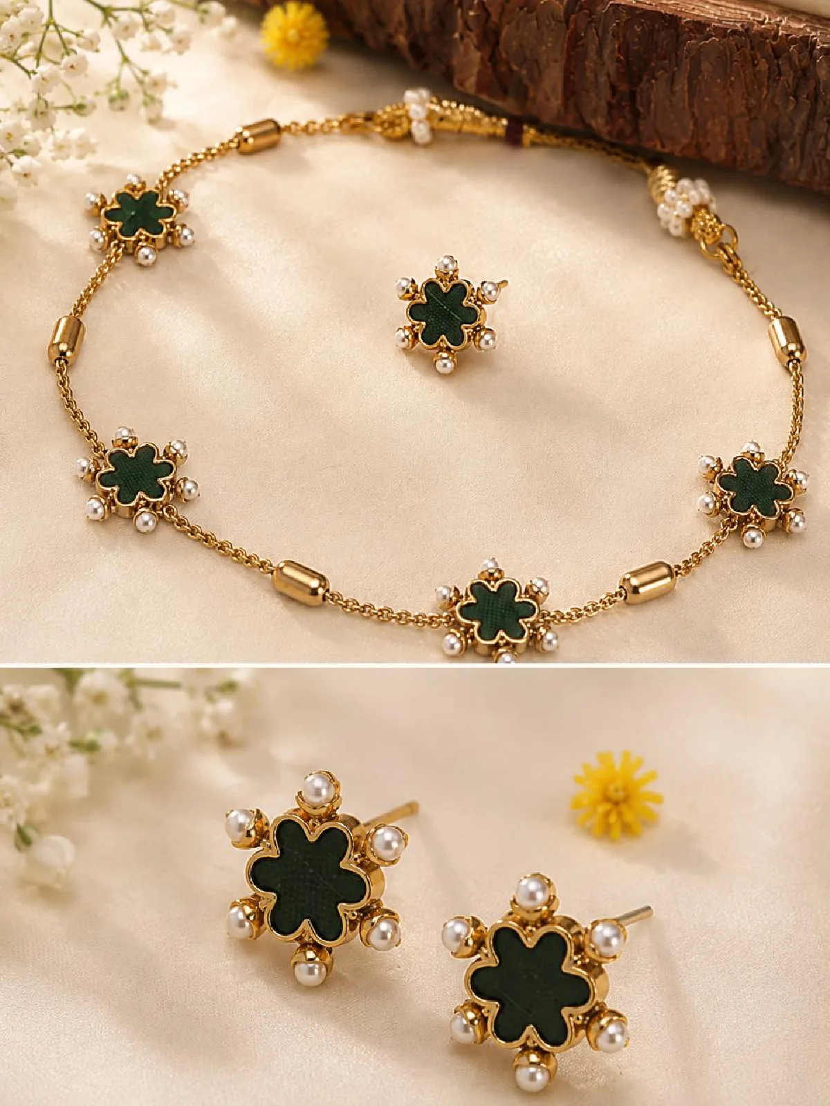 New Project - 2026-08-14T095256.523 Emerald Clover Pearl Necklace Set - Image 1