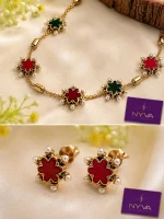 Ruby Emerald Floral Pearl Necklace Set
