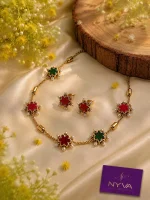Ruby Emerald Floral Pearl Necklace Set - Image 2