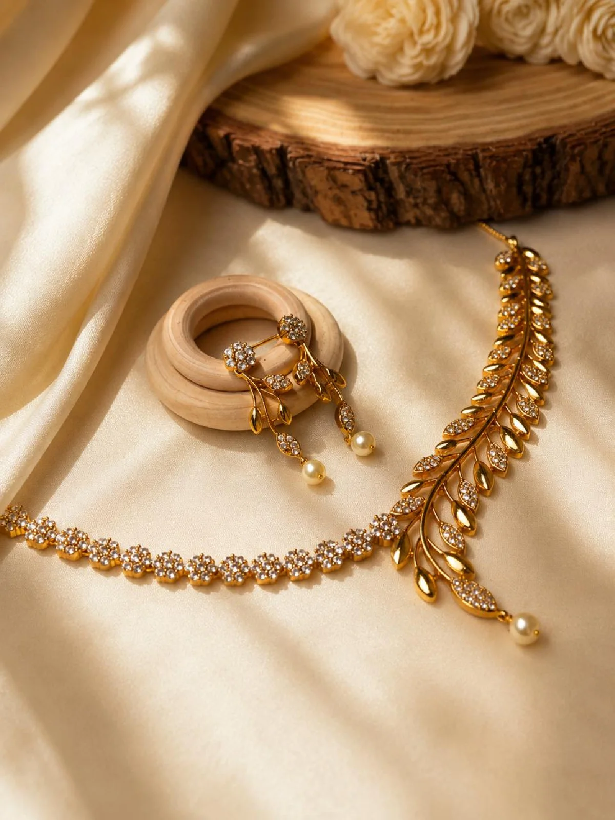 New Project - 2026-08-14T151258.984 Golden Leaf Pearl Necklace Set - Image 1