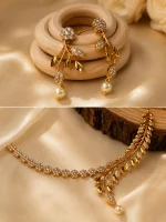 Golden Leaf Pearl Necklace Set - Image 2