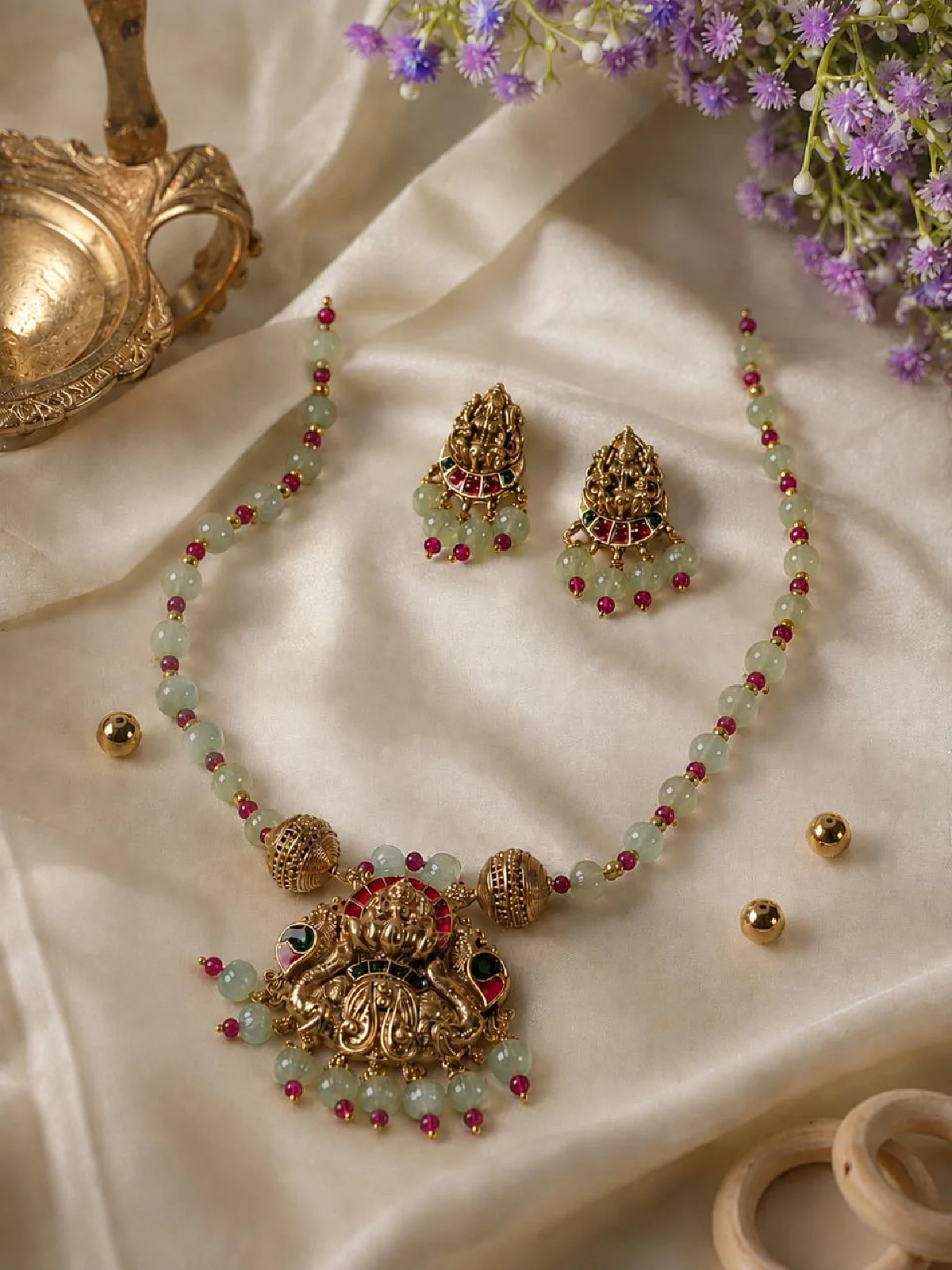 New Project - 2026-08-21T165419.367 Lakshmi Ganesha Green Bead Bridal Jewellery Set - Image 1