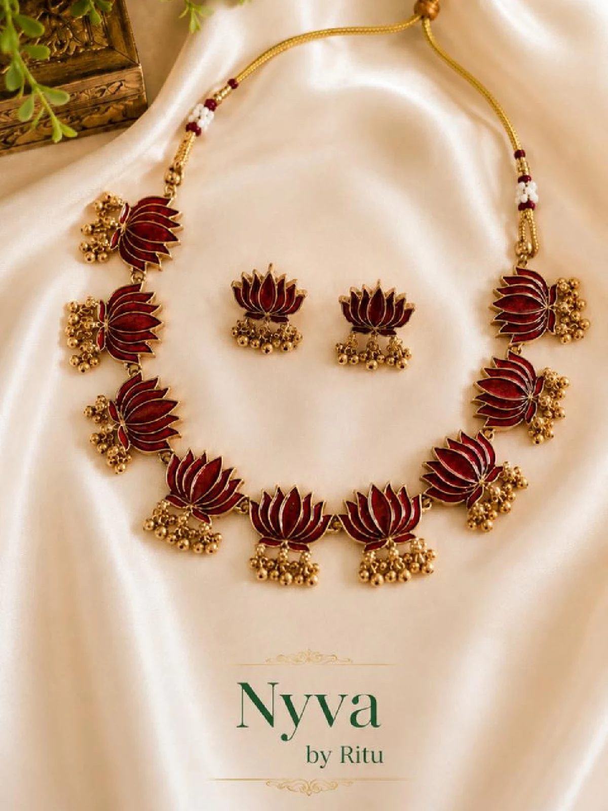 New Project - 2026-08-22T171310.802 Traditional Red Enamel Lotus Antique Jewellery Set - Image 1