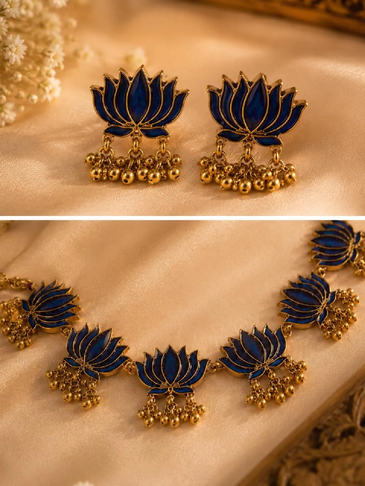 New Project - 2026-08-22T171623.873 Royal Blue Enamel Lotus Antique Jewellery Set - Image 1