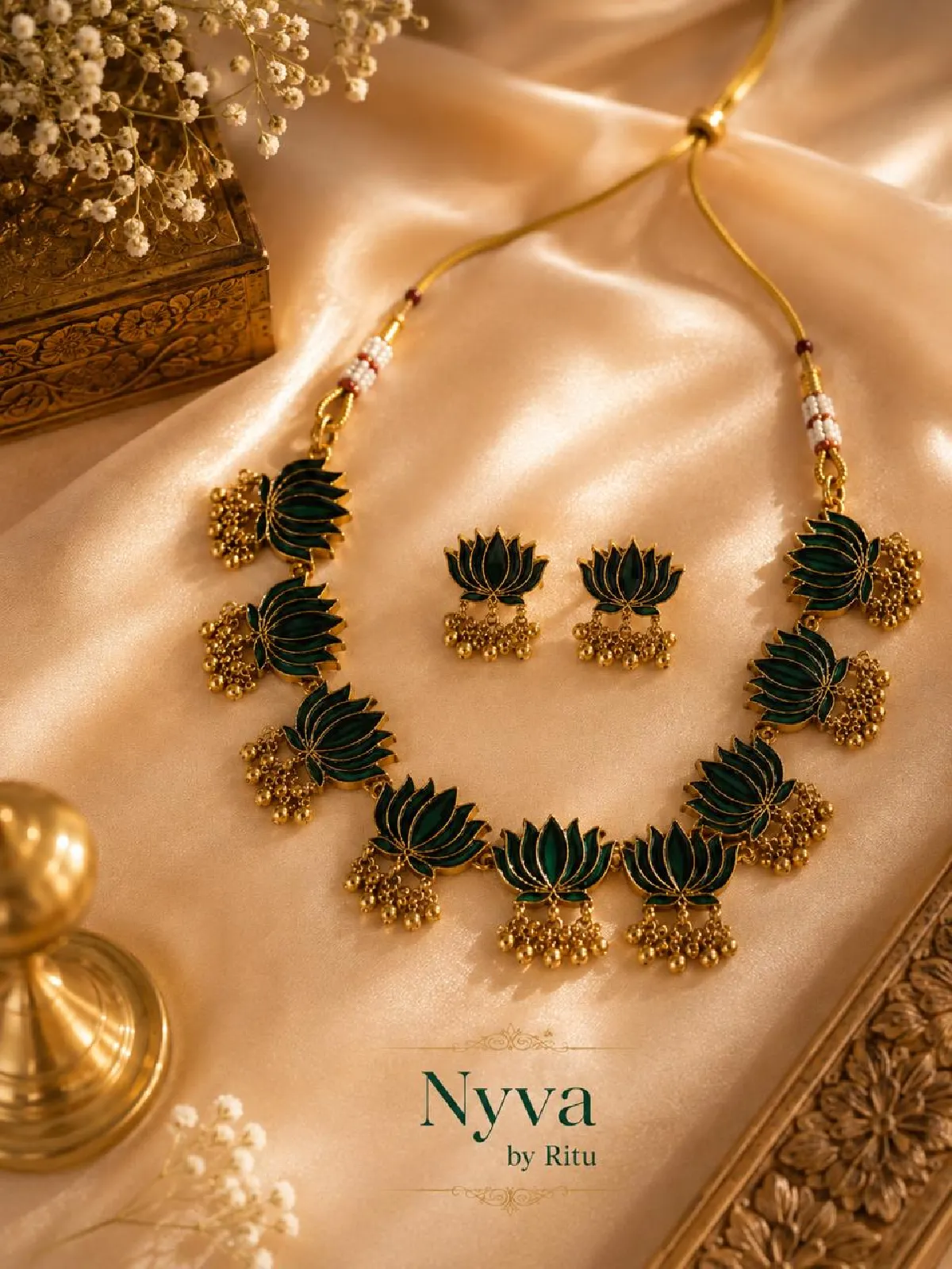 New Project - 2026-08-22T172013.027 Emerald Green Enamel Lotus Antique Jewellery Set - Image 1