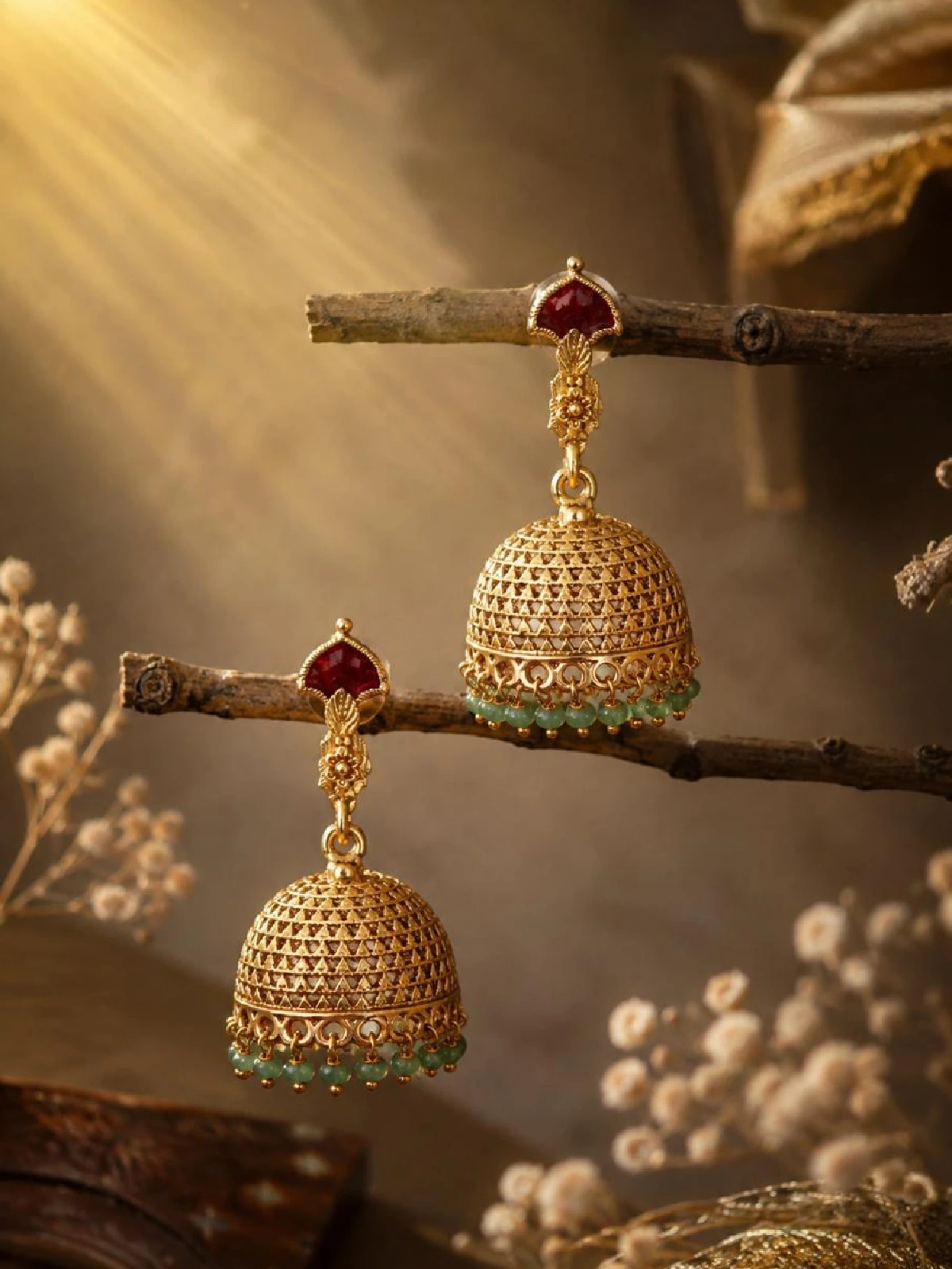 New Project - 2026-08-22T172338.192 Heritage Filigree Jhumka Earrings with Mint Green Beads - Image 1