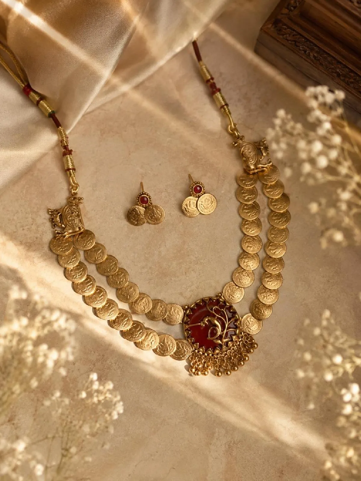 New Project - 2026-08-22T173625.766 Two-Tiered Antique Kasu Mala with Peacock Medallion Set - Image 1