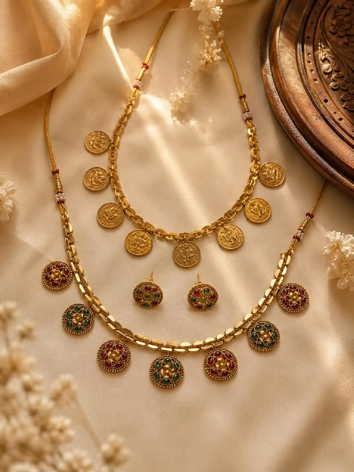 New Project - 2026-08-22T174355.713 Dual-Necklace Heritage Kasu & Floral Medallion Jewellery Set - Image 1