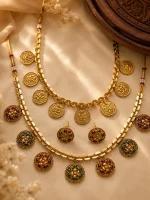 Dual-Necklace Heritage Kasu & Floral Medallion Jewellery Set - Image 2