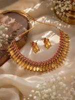 Traditional Ruby & Golden Mango-Leaf Fringe Choker Set - Image 2