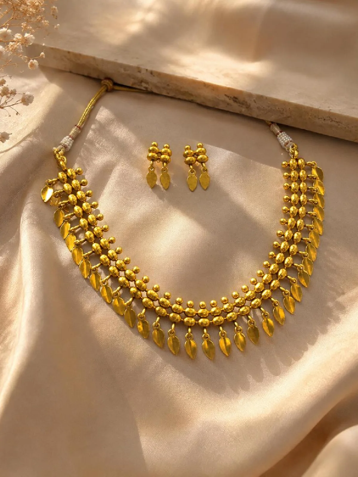 New Project - 2026-08-22T175424.683 Classic Golden Mani & Leaf Fringe Antique Necklace Set - Image 1