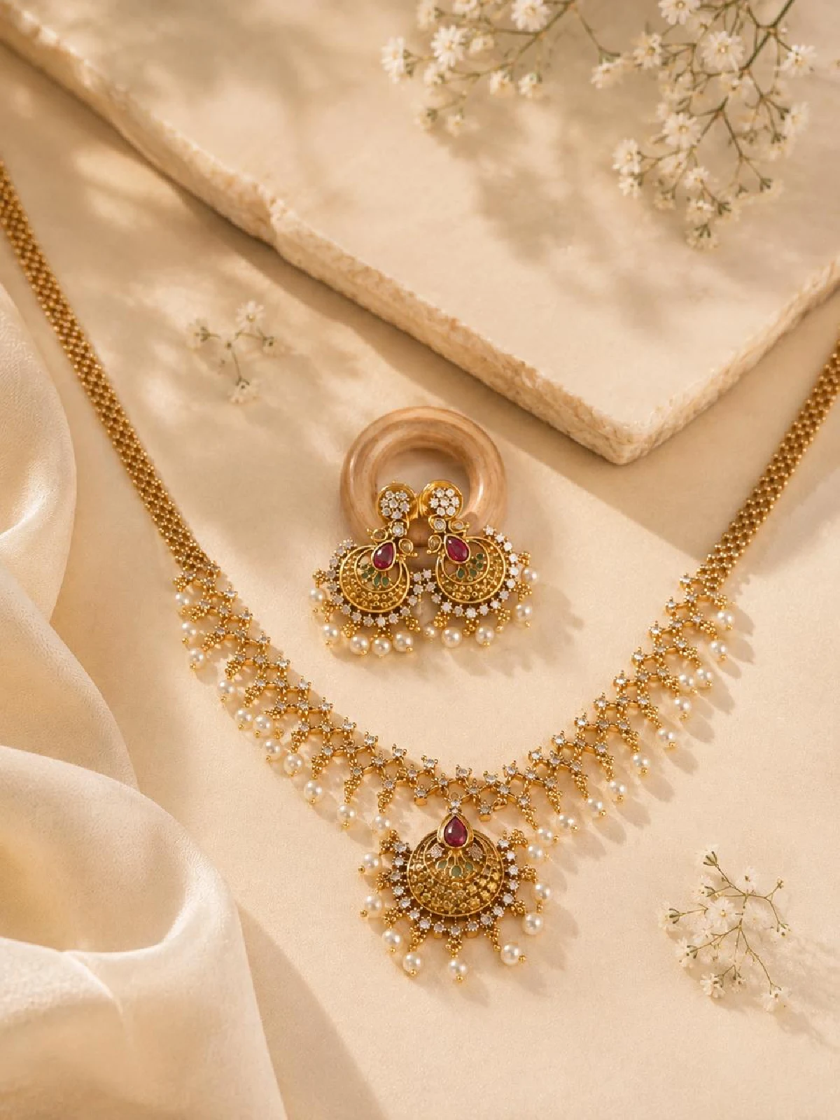 New Project (90) Chandbali & Lattice Pearl Temple Jewellery Set - Image 1