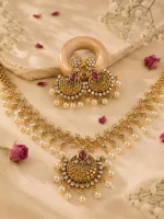 Chandbali & Lattice Pearl Temple Jewellery Set - Image 2