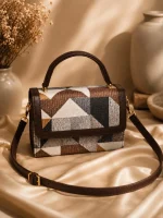 Earthy Geometric Patchwork Top-Handle Handbag
