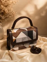Earthy Geometric Patchwork Top-Handle Handbag - Image 2