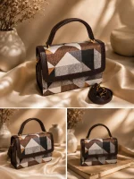 Earthy Geometric Patchwork Top-Handle Handbag - Image 3