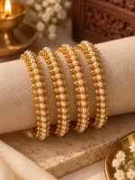 Pearl Bead Studded Antique Gold Bangle Set