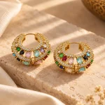 Multicolor Gemstone Studded Gold Huggie Hoop Earrings