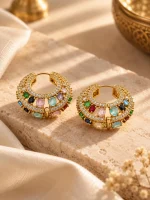 Multicolor Gemstone Studded Gold Huggie Hoop Earrings