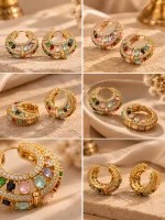 Multicolor Gemstone Studded Gold Huggie Hoop Earrings - Image 2