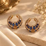 Blue Sapphire & Pearl Gold Huggie Hoop Earrings
