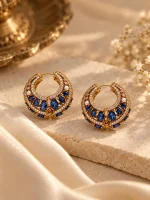 Blue Sapphire & Pearl Gold Huggie Hoop Earrings