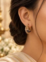 Blue Sapphire & Pearl Gold Huggie Hoop Earrings - Image 2