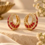 Ruby Red & CZ Gold Huggie Hoop Earrings