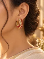 Ruby Red & CZ Gold Huggie Hoop Earrings - Image 2
