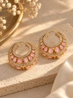 Rose Quartz Pink & CZ Gold Huggie Hoop Earrings