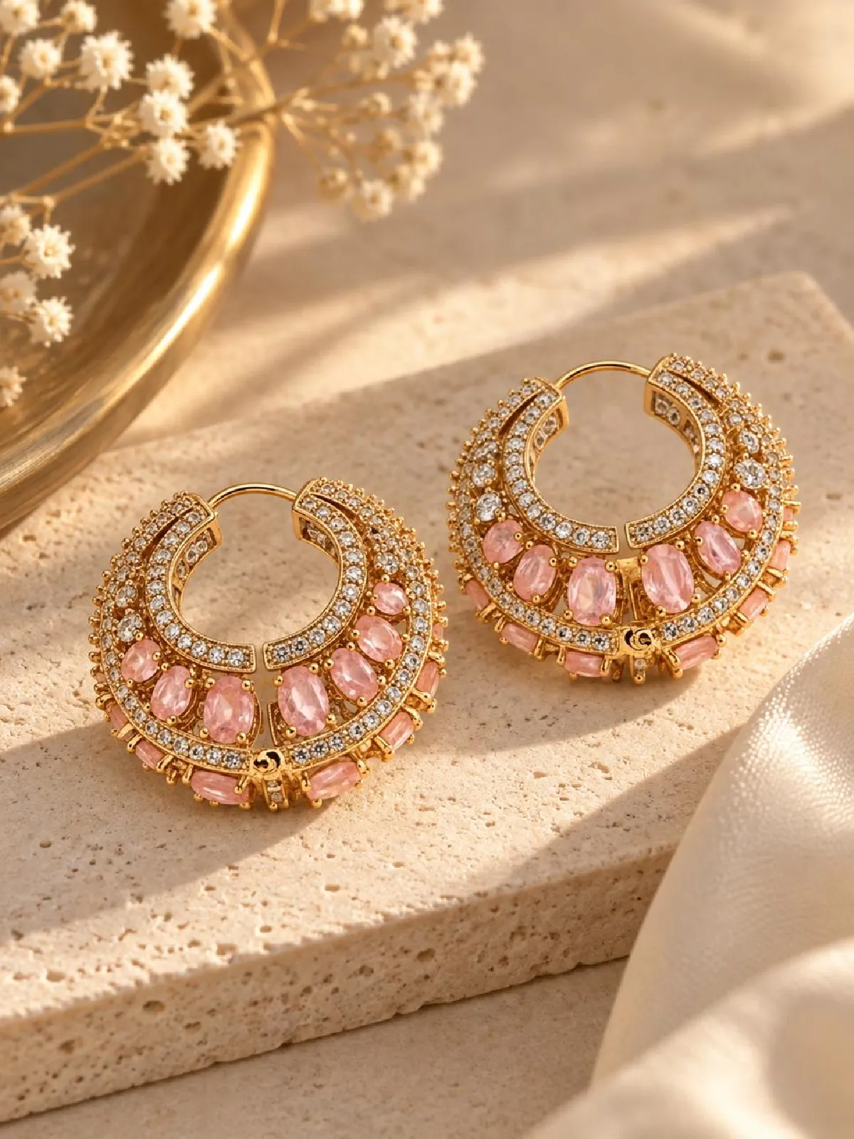 New Project - 2026-09-08T150254.683 Rose Quartz Pink & CZ Gold Huggie Hoop Earrings - Image 1