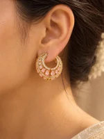 Rose Quartz Pink & CZ Gold Huggie Hoop Earrings - Image 2