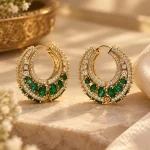 Emerald Green & CZ Gold Huggie Hoop Earrings