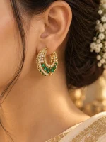 Emerald Green & CZ Gold Huggie Hoop Earrings - Image 2
