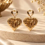 Textured Gold Double Heart Drop Earrings