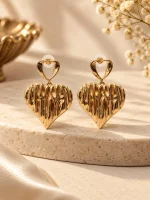 Textured Gold Double Heart Drop Earrings
