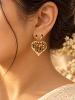 Textured Gold Double Heart Drop Earrings - Image 2