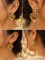 Textured Gold Double Heart Drop Earrings - Image 3