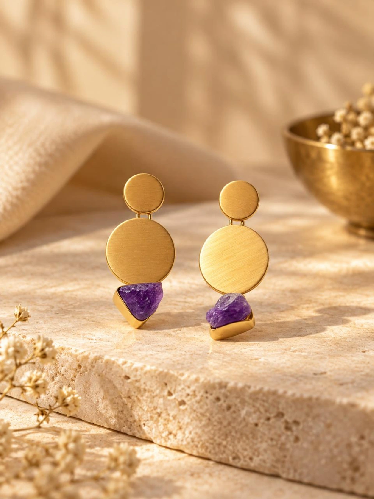 New Project - 2026-09-08T151450.935 Raw Amethyst & Geometric Gold Drop Earrings - Image 1