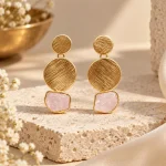 Raw Rose Quartz & Brushed Gold Geometric Drop Earrings