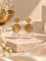 Raw Rose Quartz & Brushed Gold Geometric Drop Earrings