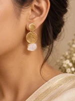 Raw Rose Quartz & Brushed Gold Geometric Drop Earrings - Image 2