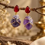 Faceted Ruby & Raw Amethyst Gold Drop Earrings
