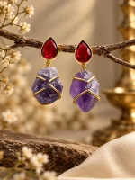 Faceted Ruby & Raw Amethyst Gold Drop Earrings