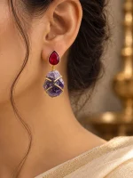 Faceted Ruby & Raw Amethyst Gold Drop Earrings - Image 2