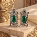 Antique Silver Green Stone Temple Door Earrings