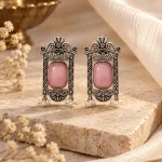 Antique Silver Pink Stone Temple Door Earrings