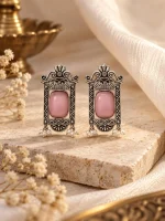 Antique Silver Pink Stone Temple Door Earrings