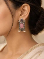 Antique Silver Pink Stone Temple Door Earrings - Image 2