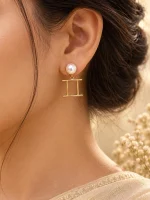 Pearl Stud Geometric Drop Earrings - Image 2